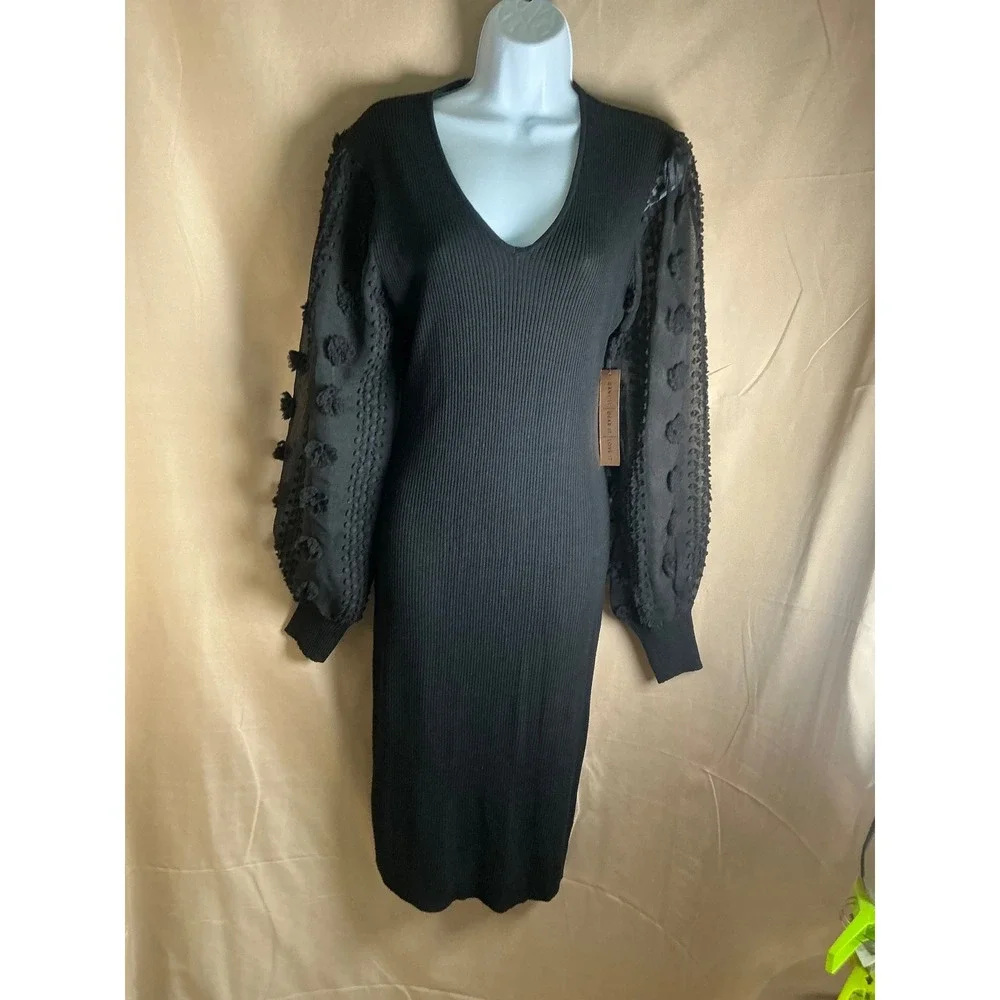 Almost Famous Ribbed Knit Dress Womens XL Black New Sheer 3D Pom Balloon Sleeve
